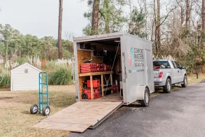 comfort masters truck with supplies getting ready to help a client