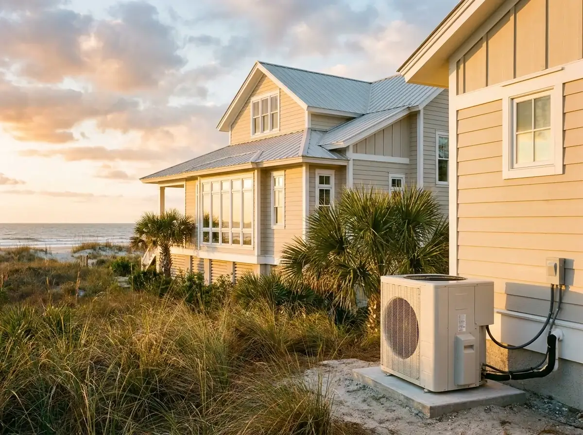 Heat pump outside a coastal home near the beach at sunset