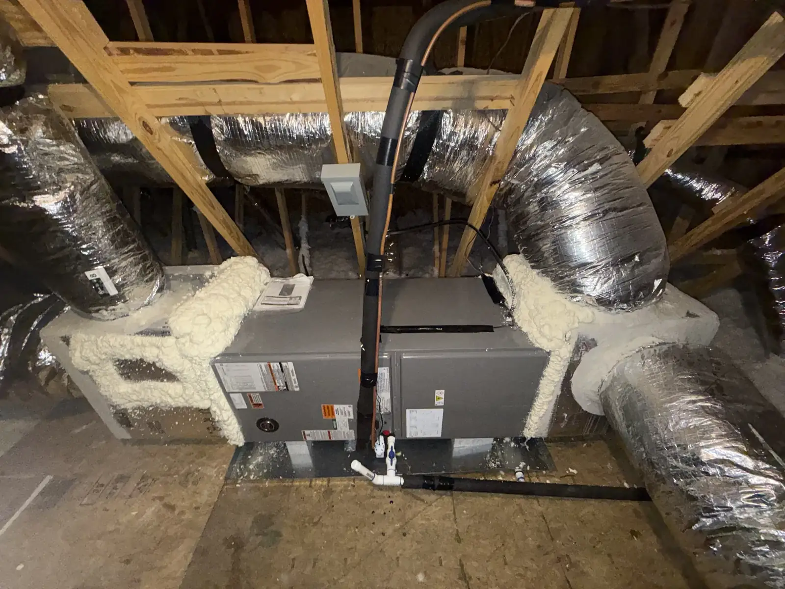 Horizontal air handler with the blower running to move room temperature air across a frozen evaporator coil