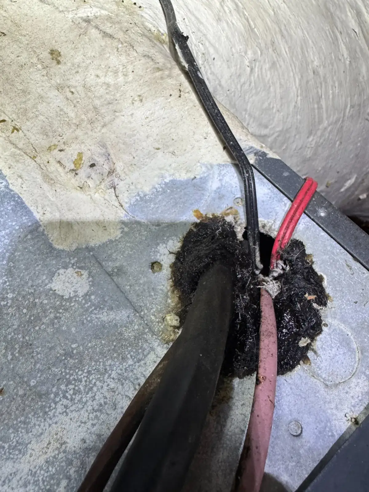 Wires forced through bare sheet metal (Ocean Isle Beach, NC)