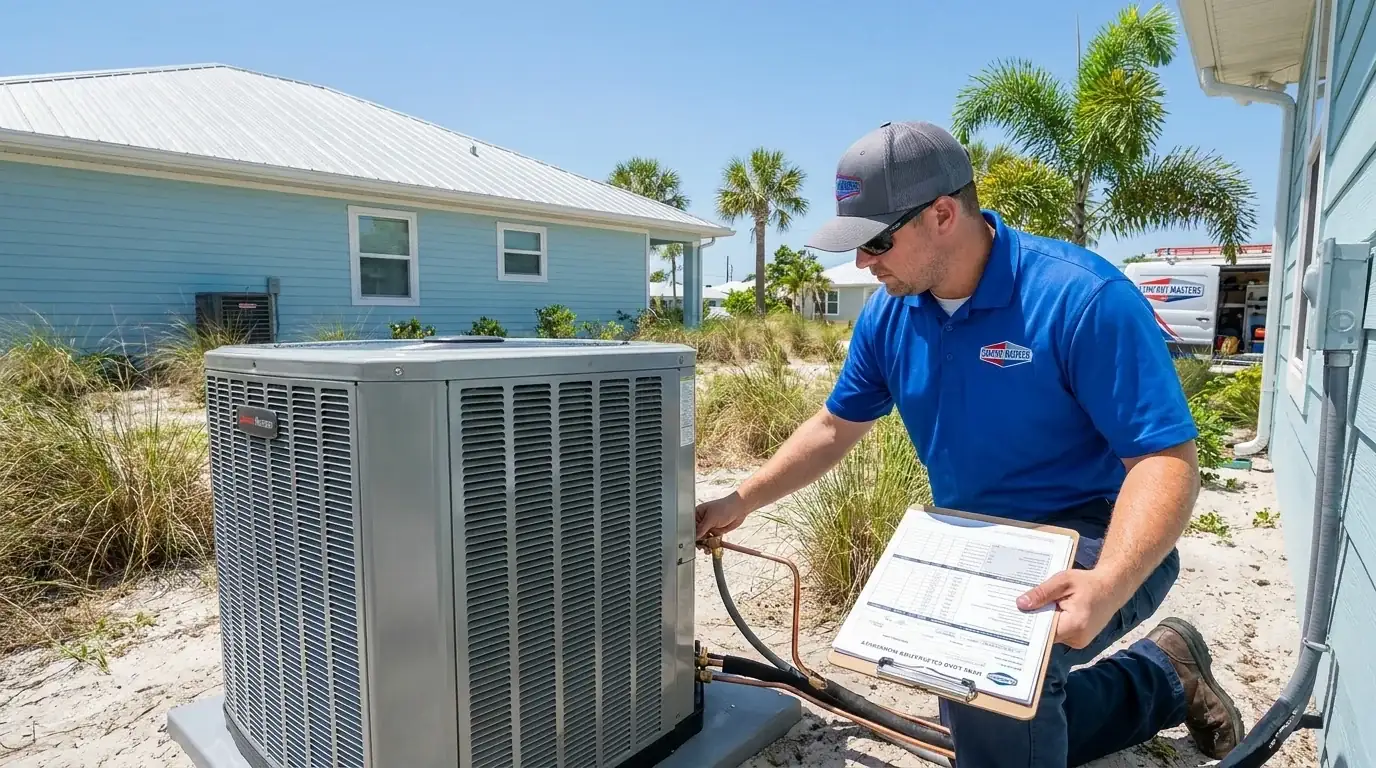 Comfort Masters technician installing a new AC condenser at a North Myrtle Beach home