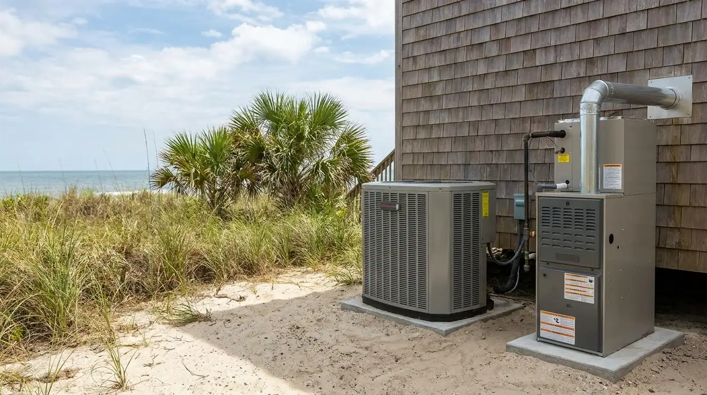 Outdoor heat pump unit at a Grand Strand coastal home shown beside a gas furnace for comparison