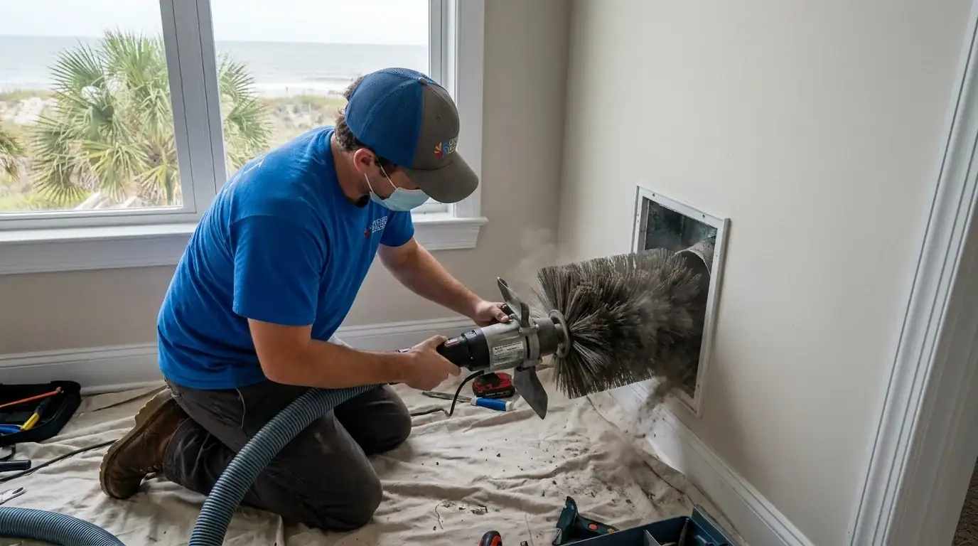 Comfort Masters technician cleaning a home air duct system in North Myrtle Beach, SC