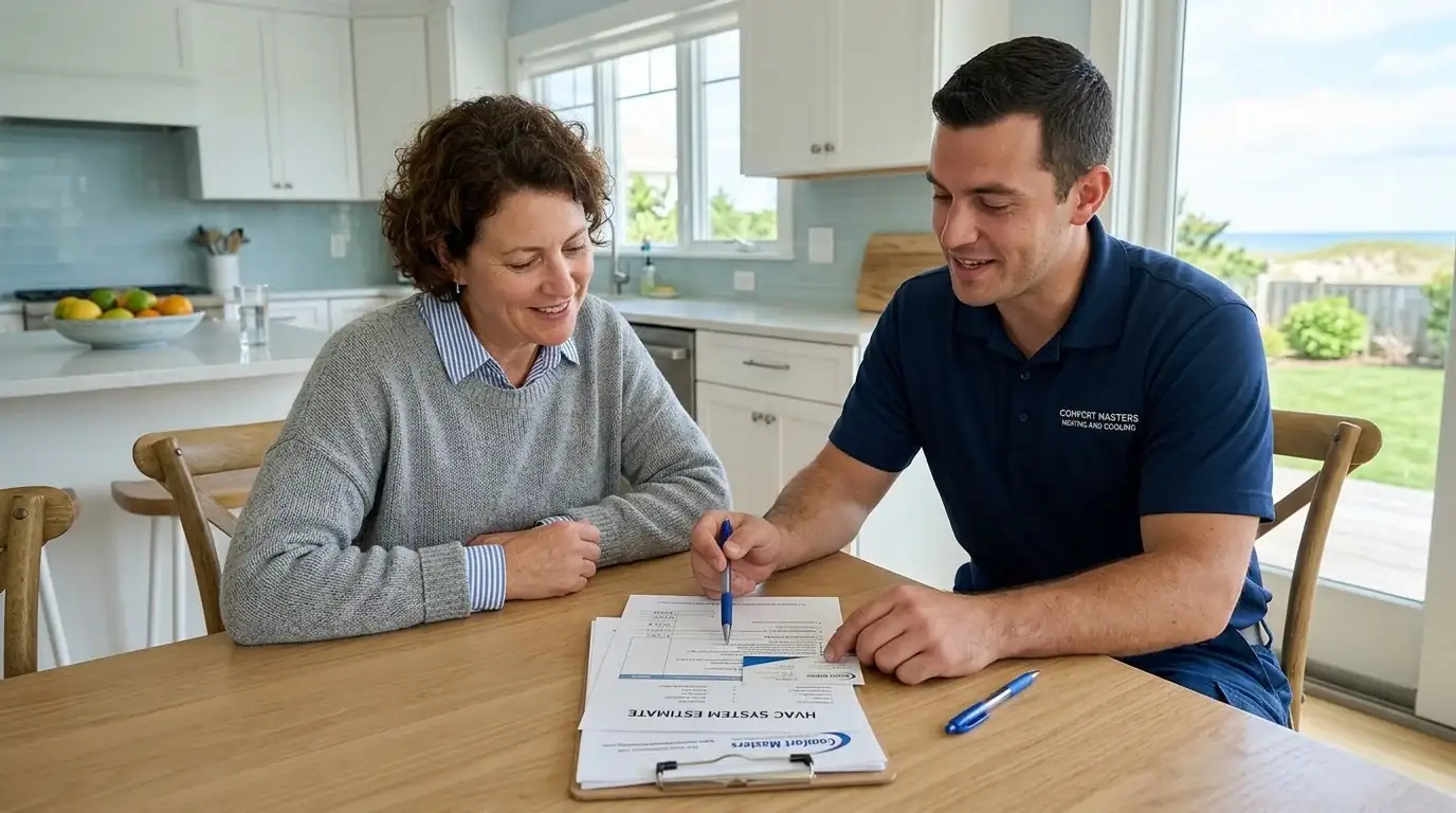 Homeowner reviewing a written HVAC estimate with a technician in North Myrtle Beach, SC