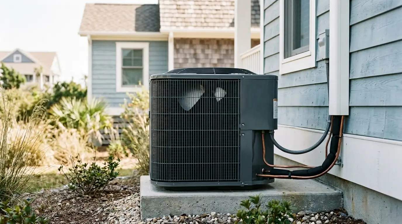 Outdoor heat pump unit at a Grand Strand home, representing the 2026 federal HVAC tax credit changes