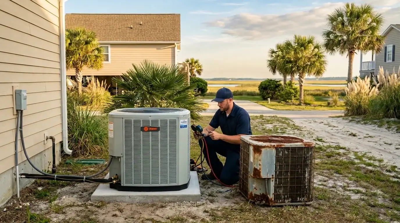 Comfort Masters technician replacing a coastal heat pump at a North Myrtle Beach home
