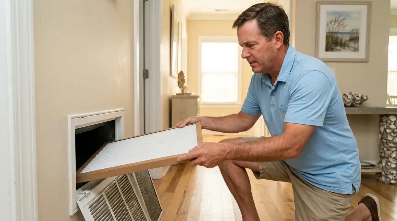 Homeowner sliding a pleated one-inch filter into a return-air vent in a coastal South Carolina home