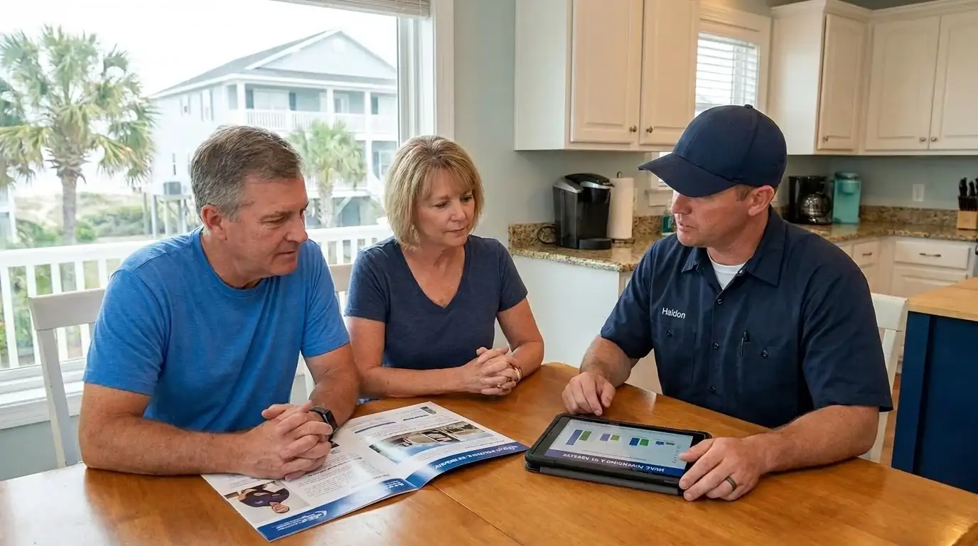 Homeowner reviewing HVAC payment and financing options with a technician in North Myrtle Beach, SC