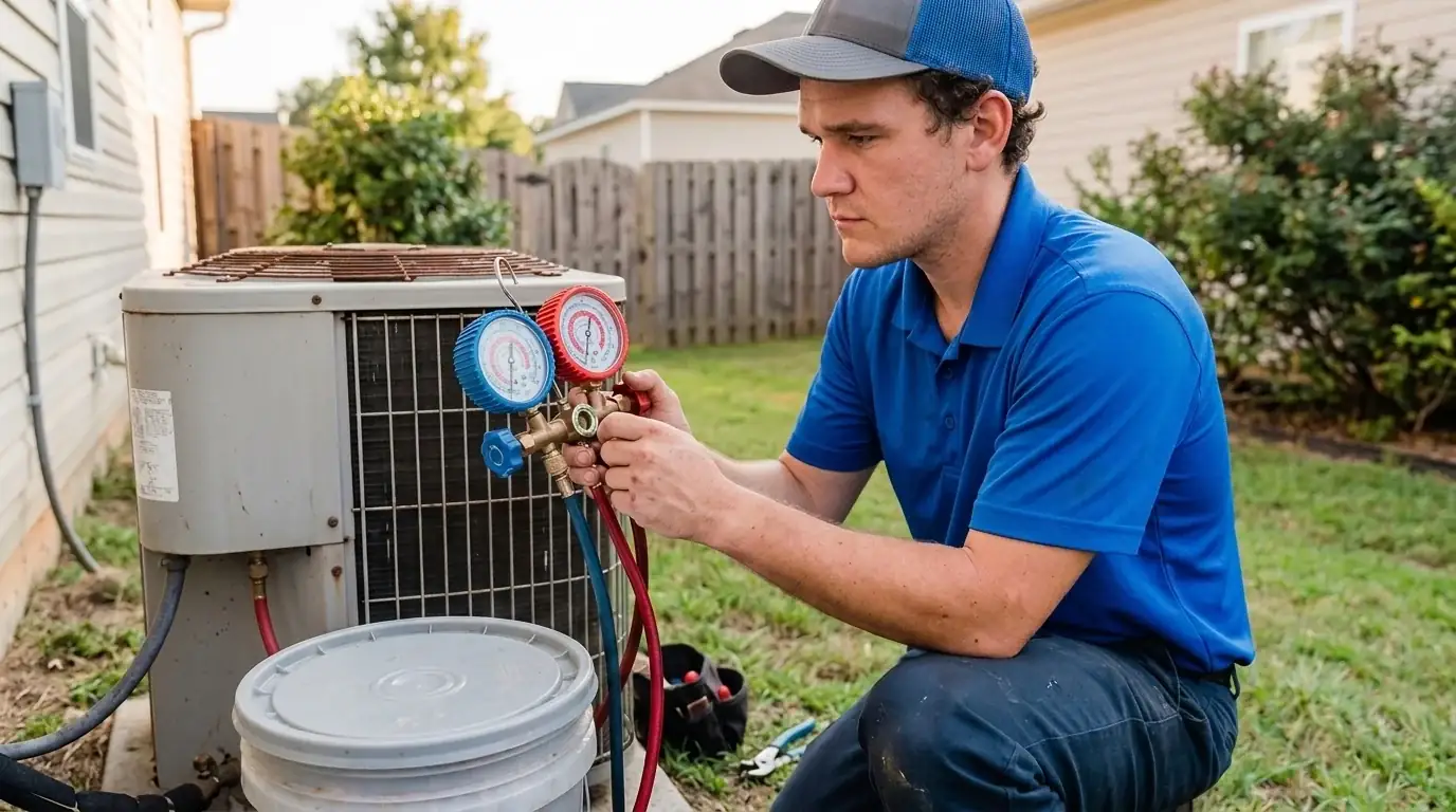 HVAC technician using gauges to diagnose why an evaporator coil keeps freezing over