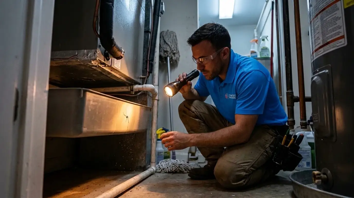 HVAC technician using a flashlight to check an AC drain pan for cracks inside a utility closet