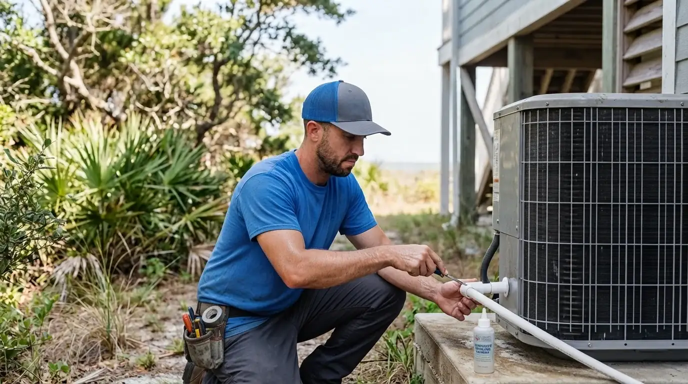 Comfort Masters technician inspecting a condensate drain line on a coastal Carolina air conditioner