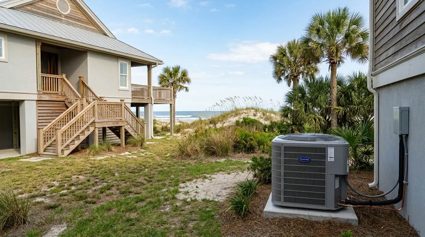Split system HVAC condenser beside a raised beach home on the coastal Carolina shore