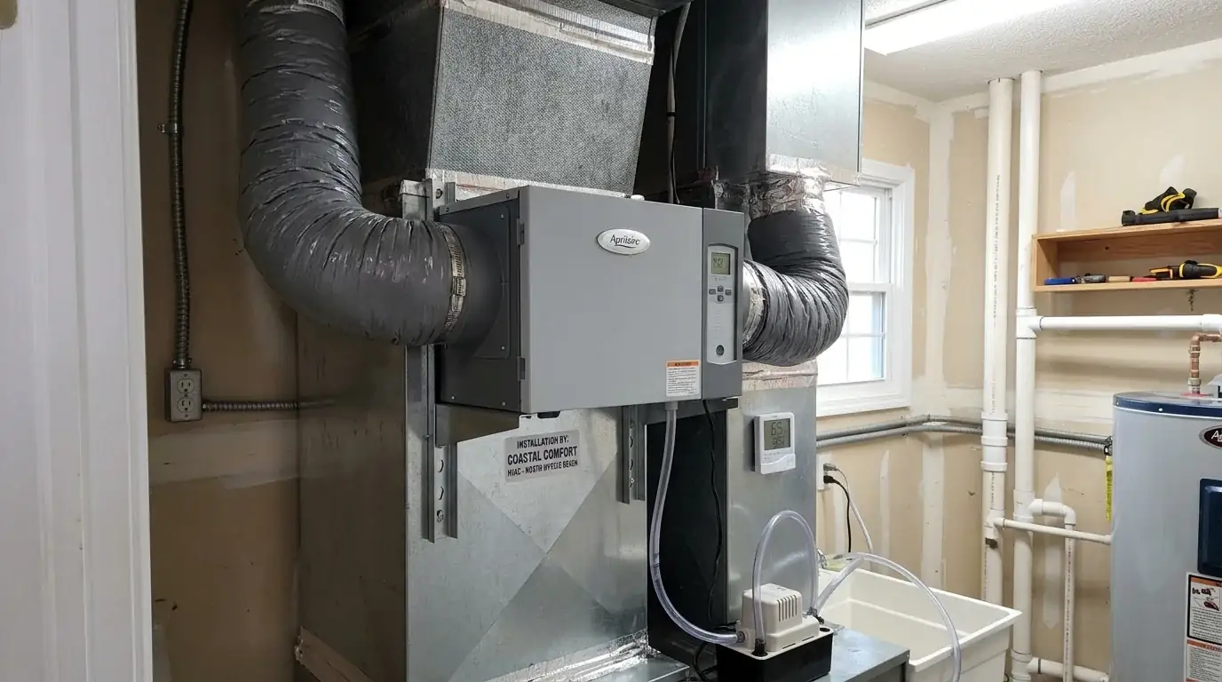 Whole house dehumidifier installed on an HVAC return in a North Myrtle Beach coastal home