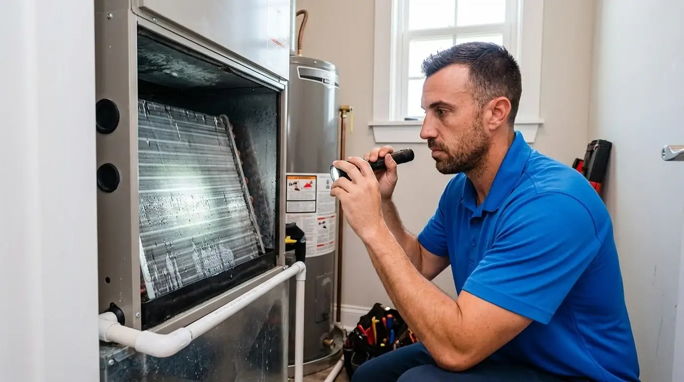 HVAC technician inspecting an evaporator coil and air handler for moisture in a coastal Carolina home