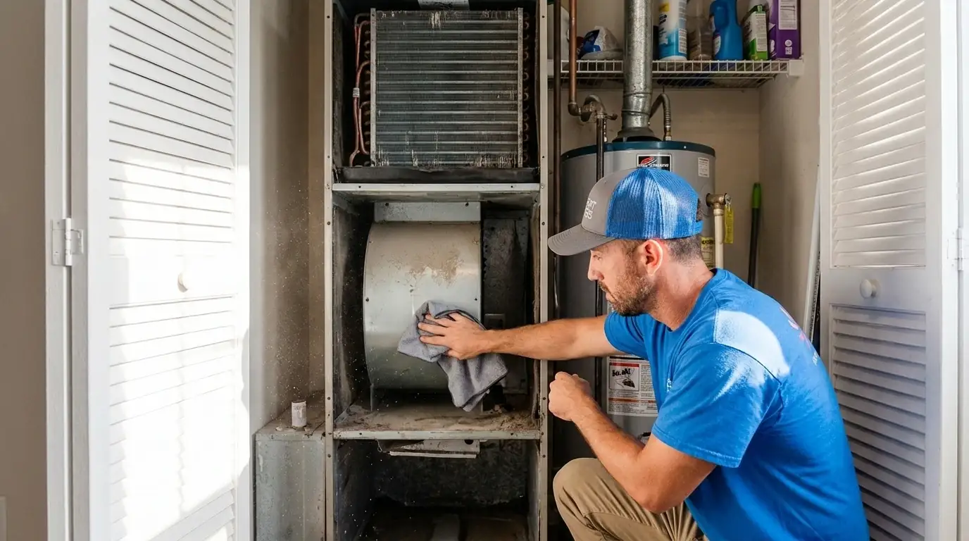 Technician cleaning the air handler cabinet and blower during a scheduled HVAC maintenance visit