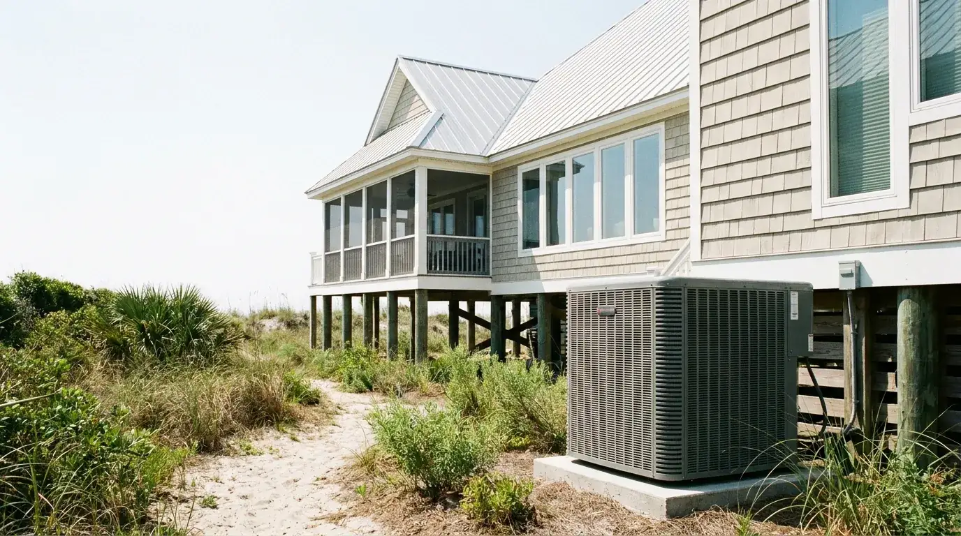 Outdoor heat pump condenser beside a raised coastal vacation rental home on the Grand Strand