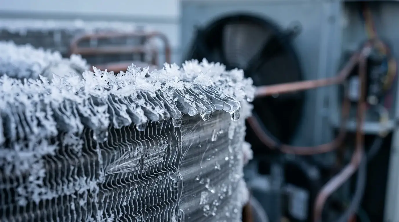 Close-up of frost forming on the aluminum fins of a residential heat pump outdoor coil