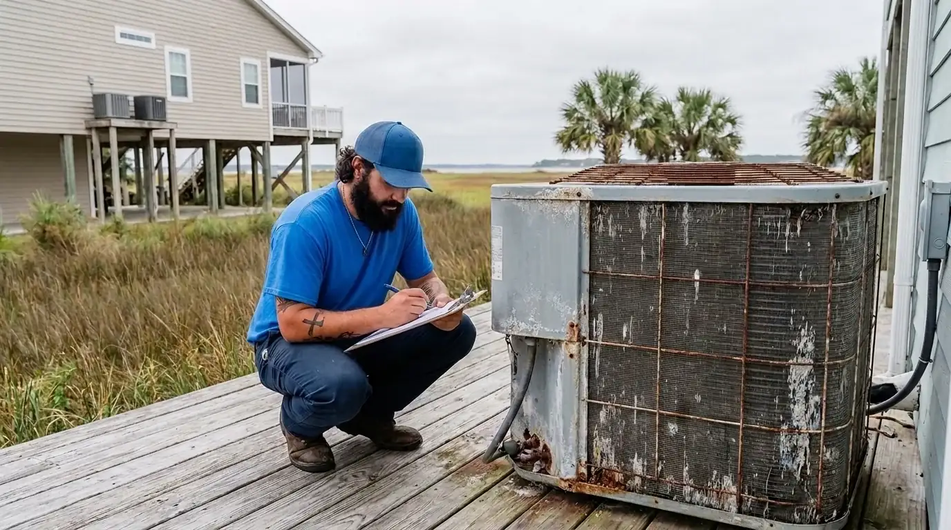 Technician inspecting an outdoor heat pump at a coastal Carolina home during a fall heating check
