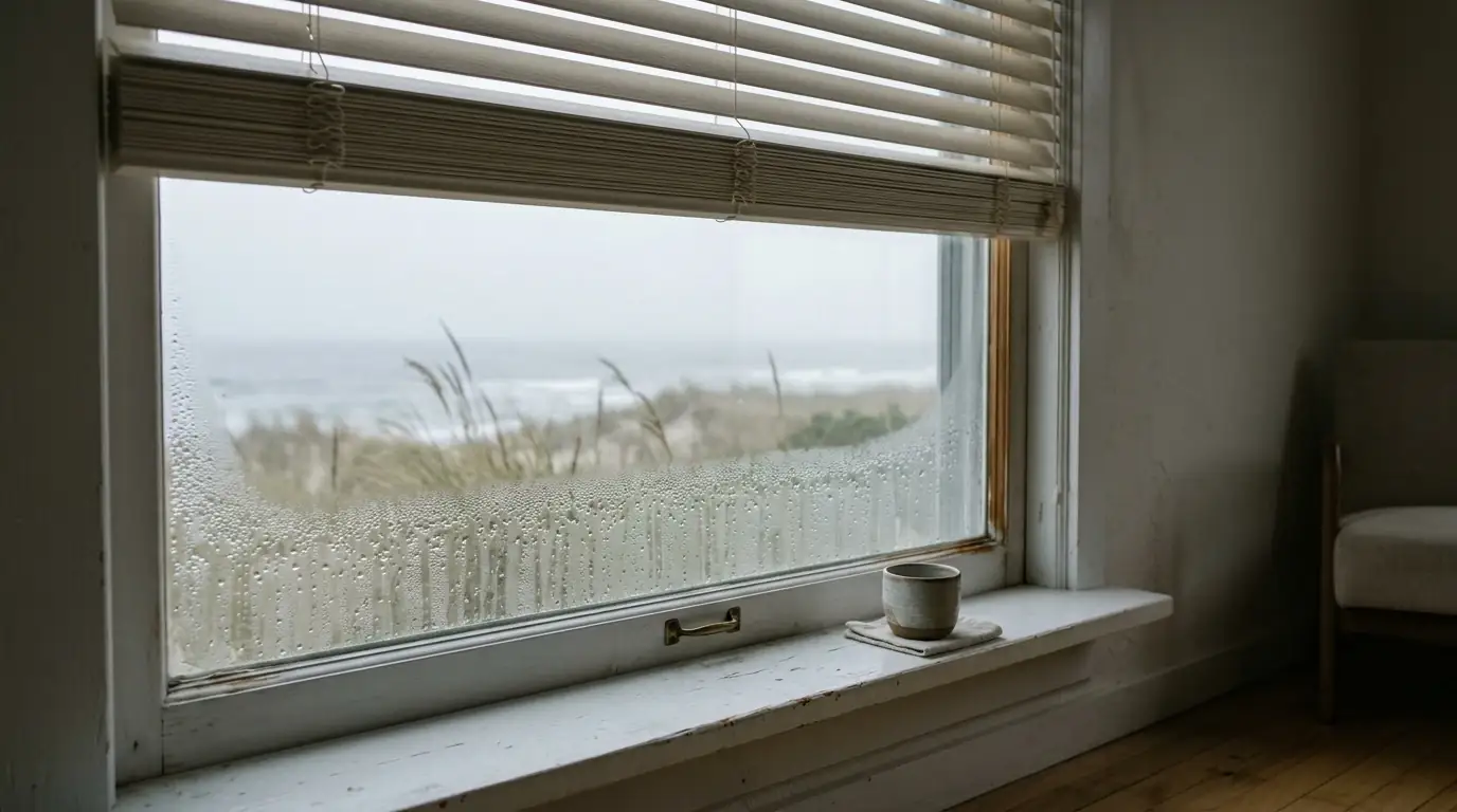 Condensation on the inside of a window in a closed-up coastal home on a humid day