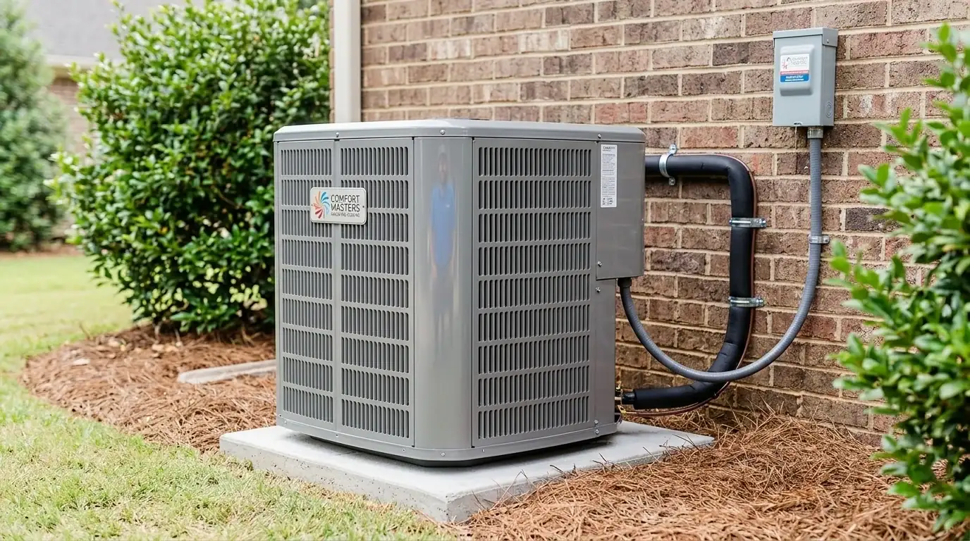Newly installed condenser set on a pad with the line set and disconnect connected