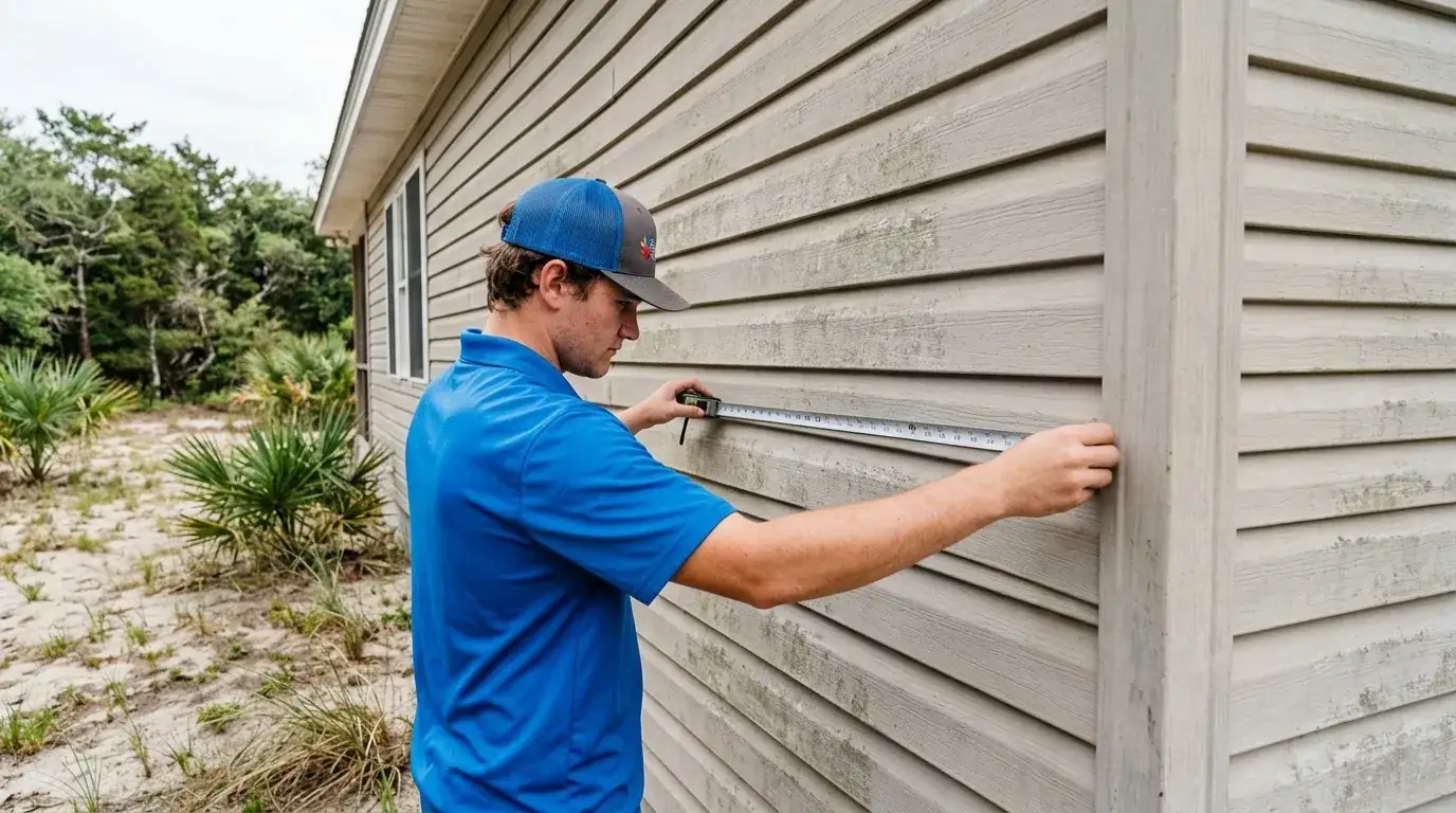 Technician measuring the exterior wall of a Grand Strand home before sizing a new AC