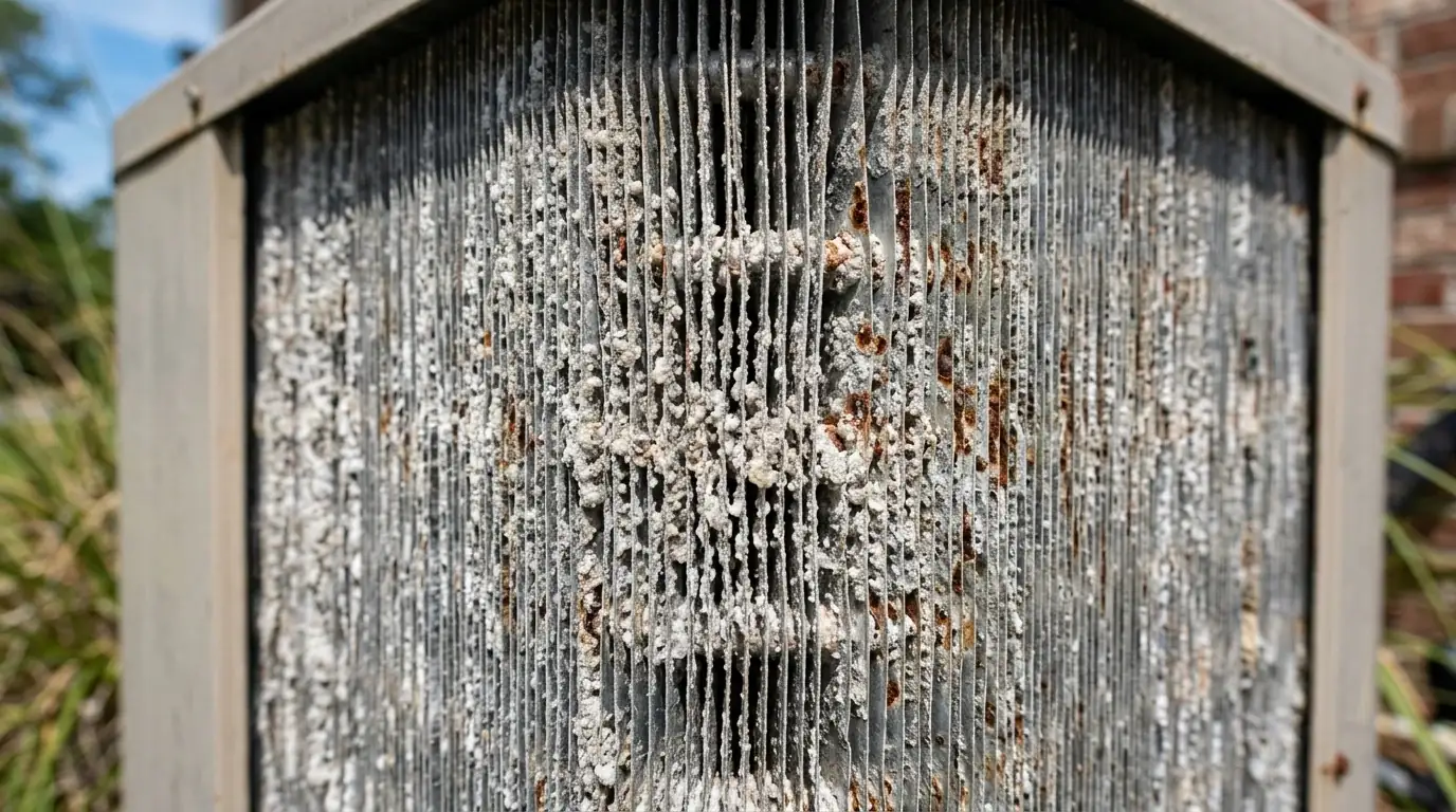Salt and mineral crust packed between the fins of an outdoor unit coil, with rust spreading across the coil face