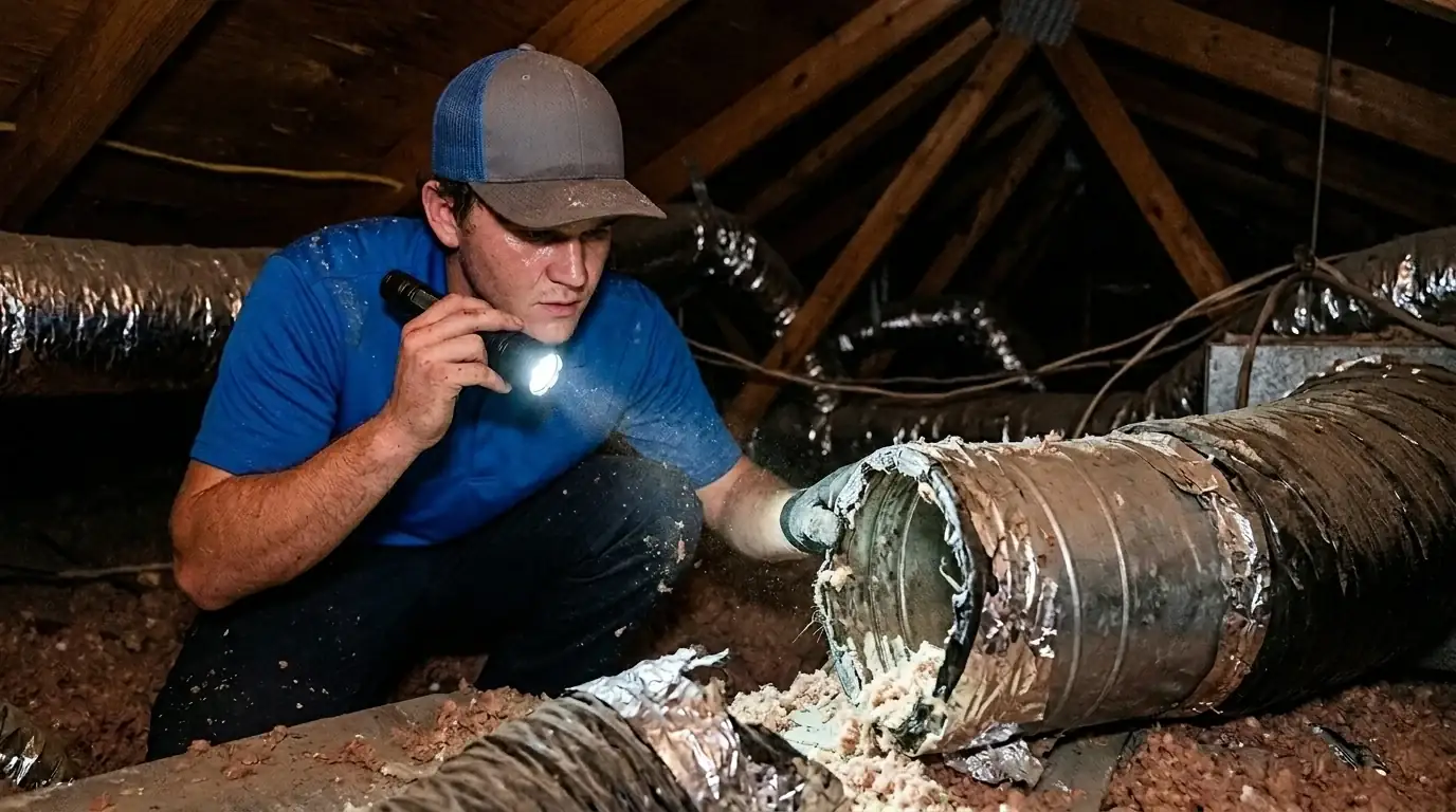 Technician inspecting attic ductwork for damage in a North Myrtle Beach home