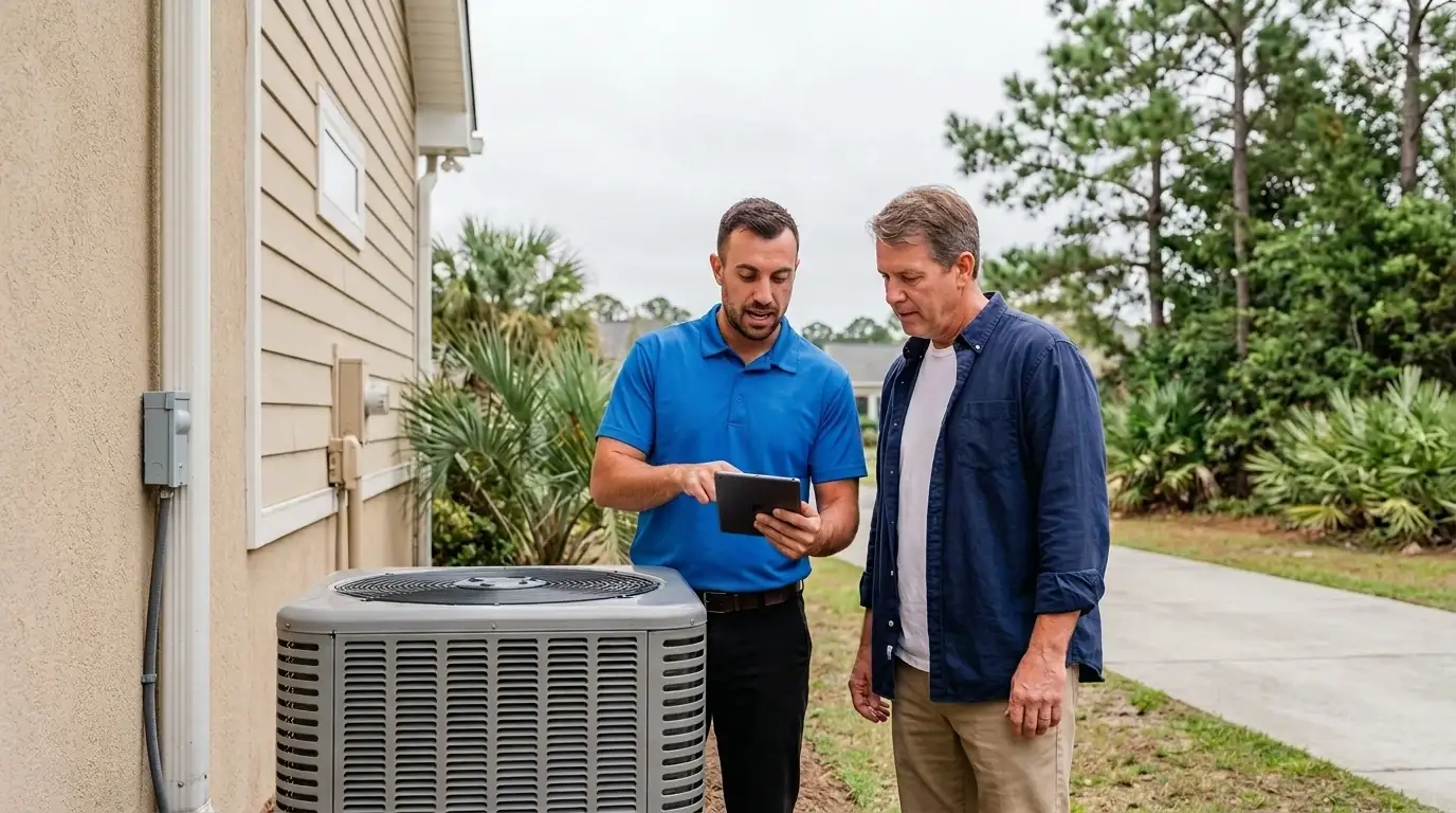 Technician reviewing a written AC repair quote with a homeowner beside a Grand Strand condenser