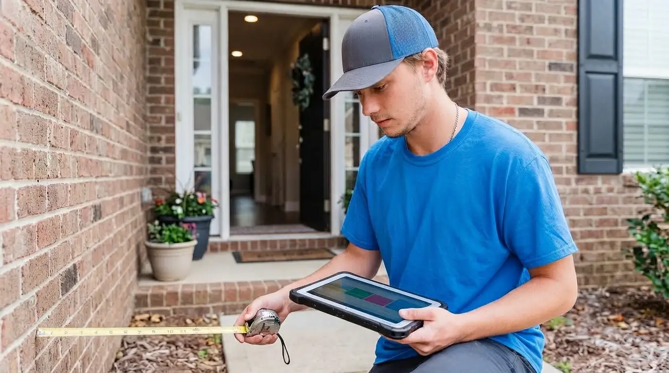 An HVAC technician measuring a home to size a replacement system