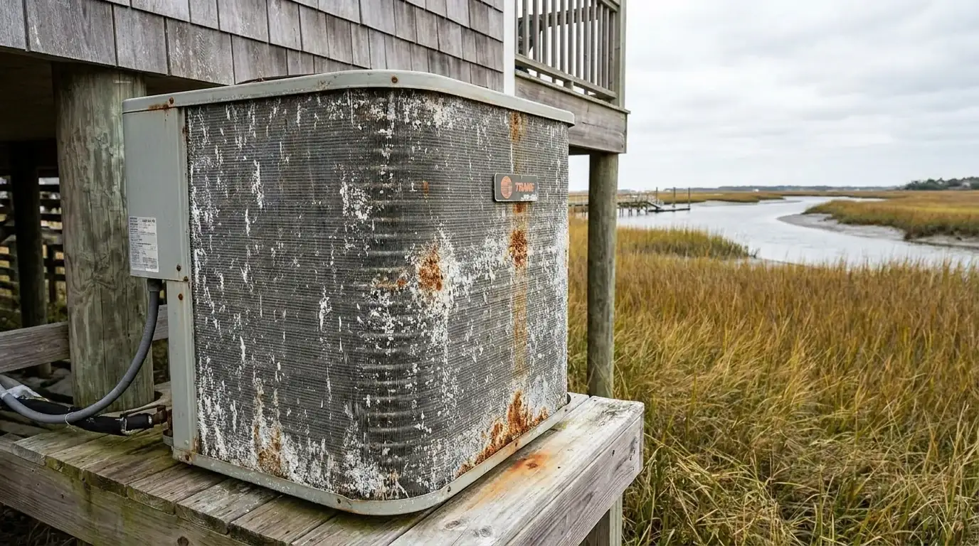 Outdoor heat pump condenser showing salt corrosion at a Sunset Beach, NC home